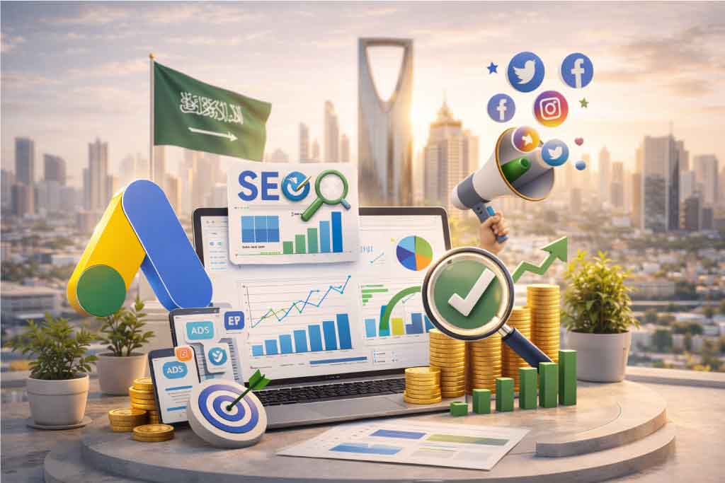 اعلانات ممولة جوجل وإدارة حملات السوشيال ميديا — شركة سيو في السعودية ترفع مبيعاتك بذكاء